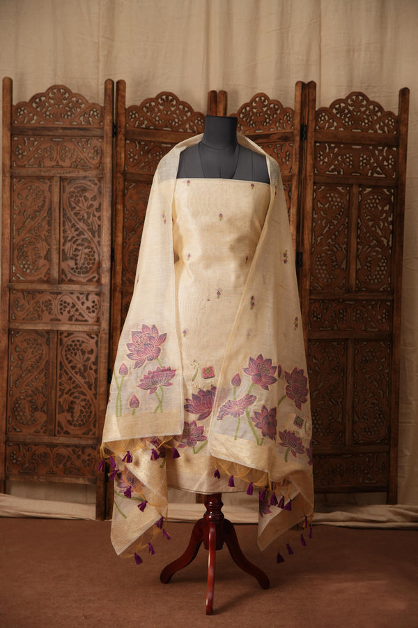 Contemporary Cow Beige Muga Cotton Jamdani Unstitched Suit Set